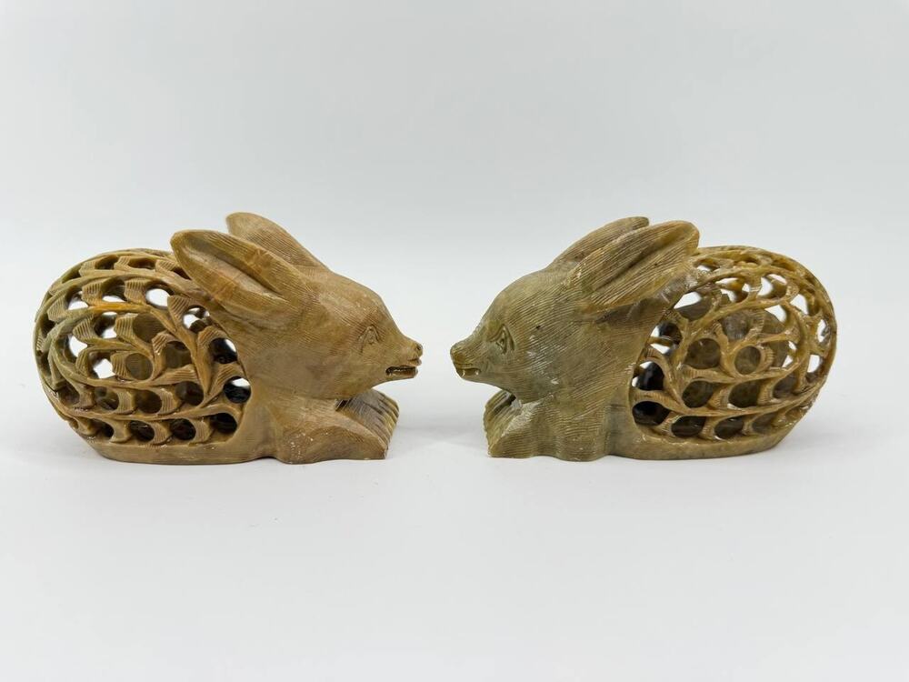 Vintage Soapstone Rabbit Figurines Set 2 Hand Carved India Bunny Decor